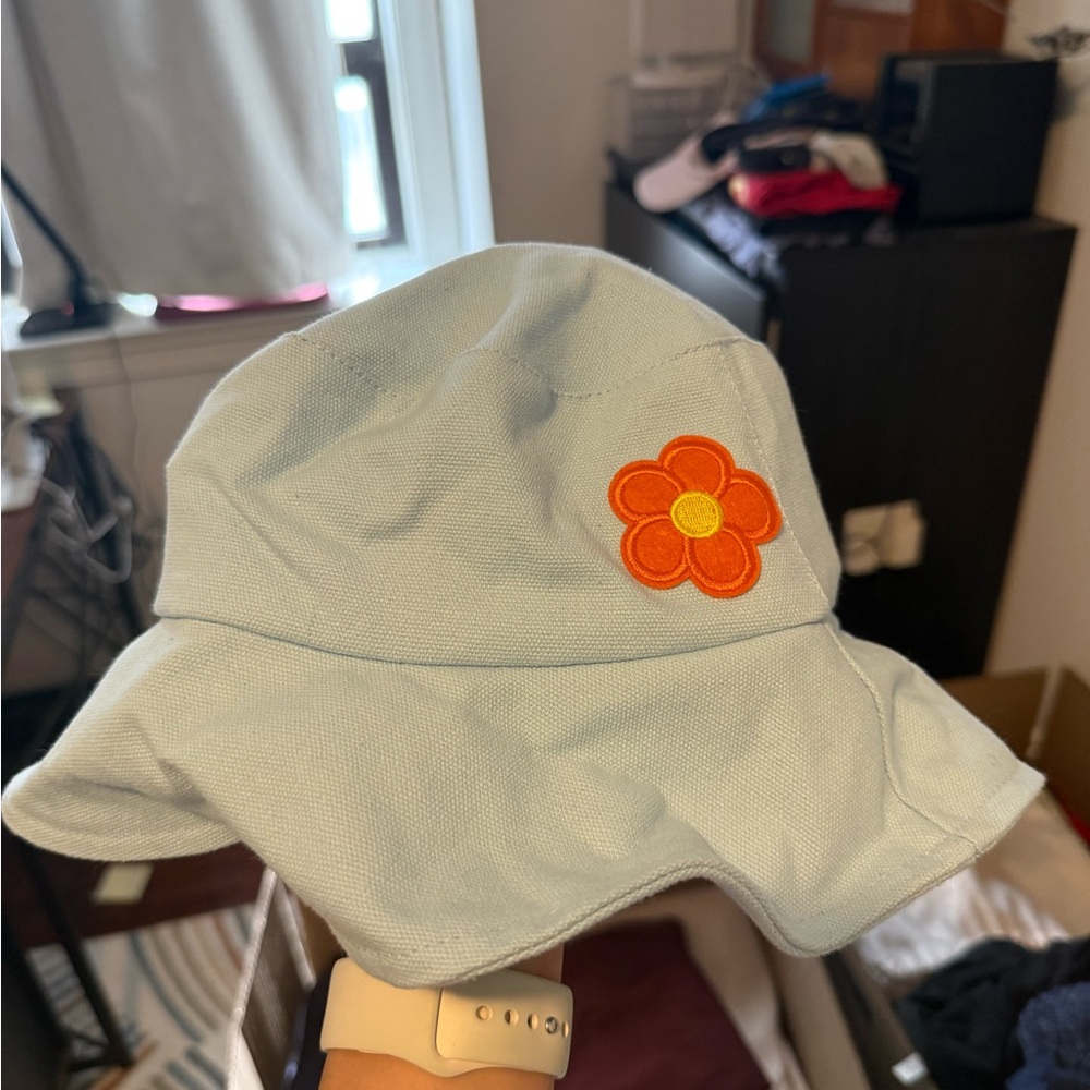 Kids Light Blue Bucket Hat with Orange Flower Patch NEVER USED